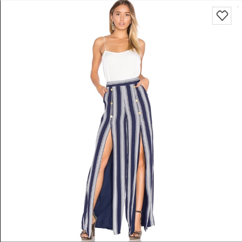 Lovers + Friends navy & white wide leg slit pant